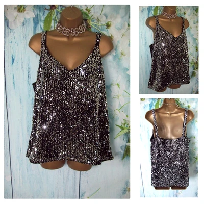 NUEVO NEXT Top Camisola Elástica Lentejuelas Negras Plateadas Talla 14 Pequeña Fiesta Ocasión Foto 1 de 4
