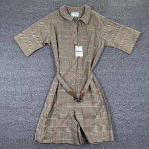 Vintage Shapely Classic Romper Womens 14 Plaid Brown Belt Short Sleeve 70s NWT - Picture 1 of 6