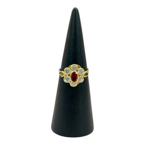 18ct 18K Yellow Gold Created Ruby + Cubic Zirconia Ladies Ring Size R1/2. New - Picture 1 of 13