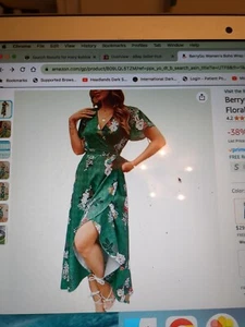 BerryGo Womens Boho V Neck Ruffle Floral Wrap Maxi Dress Green Floral Size XL 14 - Picture 1 of 9