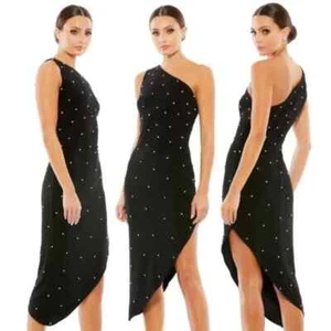 Mac Duggal Black Rhinestone One-Shoulder Asymmetric Hem Cocktail Dress 12 $358 - Picture 1 of 5