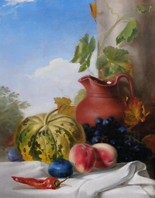 tableau nature morte fruits fleurs France melon prunes raisin pêches - Photo 1/4