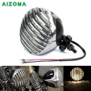 Old School Motorcycle Scalloped Grill Headlight Headlamp For Cafe Racer Chopper - Picture 1 of 11
