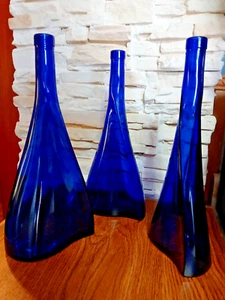 3 Unusualy shaped Collectible 13 inch Cobalt Blue Glass Bottles - Picture 1 of 10