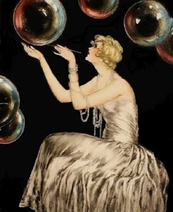 Art Deco "Lady Blowing Soap Bubbles" - individueller Kunstdruck - 2 Größen - Bild 1 von 1