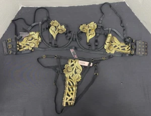 Victoria's Secret Panties medium & 36D Balconette,  Applique Black Gold b11 - Picture 1 of 8