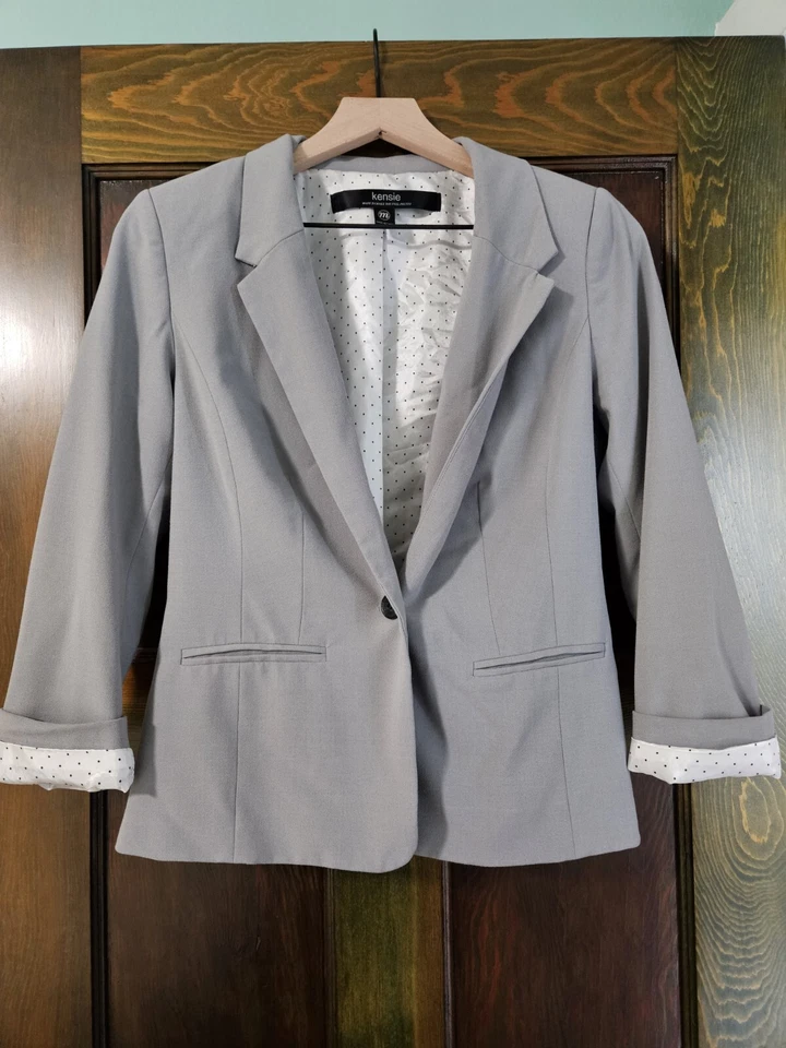 Chaqueta Blazer Kensie Mujer Gris Claro Forro Lunares Talla Mediana Foto 1 de 3