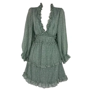 Damen Medium Rüschen A-Linie Kleid Grün Blumen Chiffon Cottagecore Bauer - Bild 1 von 10