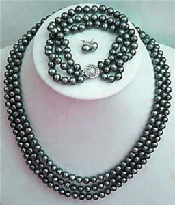 3Rows 8-9mm Genuine Black Akoya Cultured Pearl Necklace +Bracelet + Earrings Set - Picture 1 of 5
