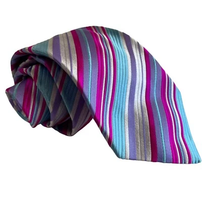 Duchamp London Silk Necktie Pink Purple White Blue Striped NWT $130 - Image 1 of 4