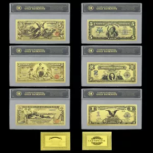 1896 and 1899 Years US 1 2 5 Dollars 6pcs/set Gold Foil Banknotes in Sleeve - Picture 1 of 17
