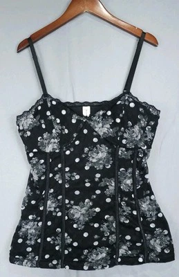 Y2k Babydoll Corset Style Mesh Tank Top Polka Dot Floral Grunge Jun Sz 11-13 - Image 1 of 4