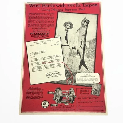 Carrete de pesca de lubina Pflueger Supreme 1927 de colección • Anuncio impreso en color Foto 1 de 4