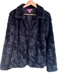 Betsey Johnson Faux Fur Embossed Rose Coat Jacket Sz Large L Black Lined Y2K - Picture 1 of 7