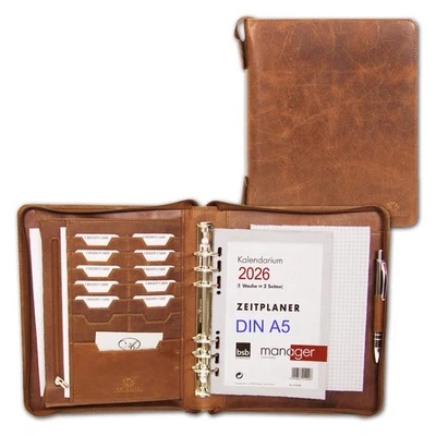 ALMADIH Leder A5 Organizer 2026 braun Terminplaner Ledermappe Konferenzmappe BD - Bild 1 von 4