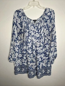 Chaps Women's 2X Blue Floral 3/4 Puff Sleeve Peasant Top - Picture 1 of 7