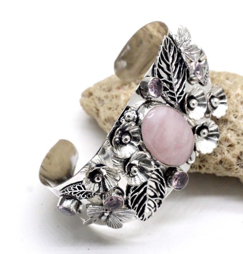 VALENTINO 925 Sterling Silver Rose Quartz & Topaz Gemstone Jewellery Cuff Bracelet S ADJ