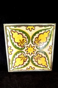 Vintage Fliesenuntersetzer Kochplatte Messing geschwungene Füße grün gelb Crackle Finish 1970 - Bild 1 von 8