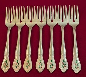 7er Set Weihnachten Stechpalme Beere vergoldet Edelstahl Salatgabeln Japan - Bild 1 von 5