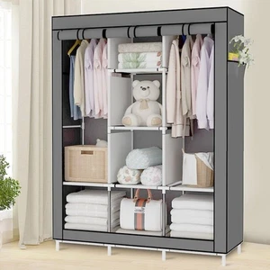 Heavy Duty Fabric Canvas Wardrobe Clothes Cupboard Hanging Rail Shelving Storage - Picture 1 of 13