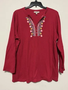 Woman Within Übergröße 22/24 Top rot Waffel Strick bestickt Langarm Freizeit - Bild 1 von 5