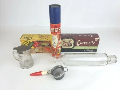 50s/60s Kitchen Utensils Lot Turkey Baster Glass Rolling Pin Strainer Slicer VTG - Image 1 of 4