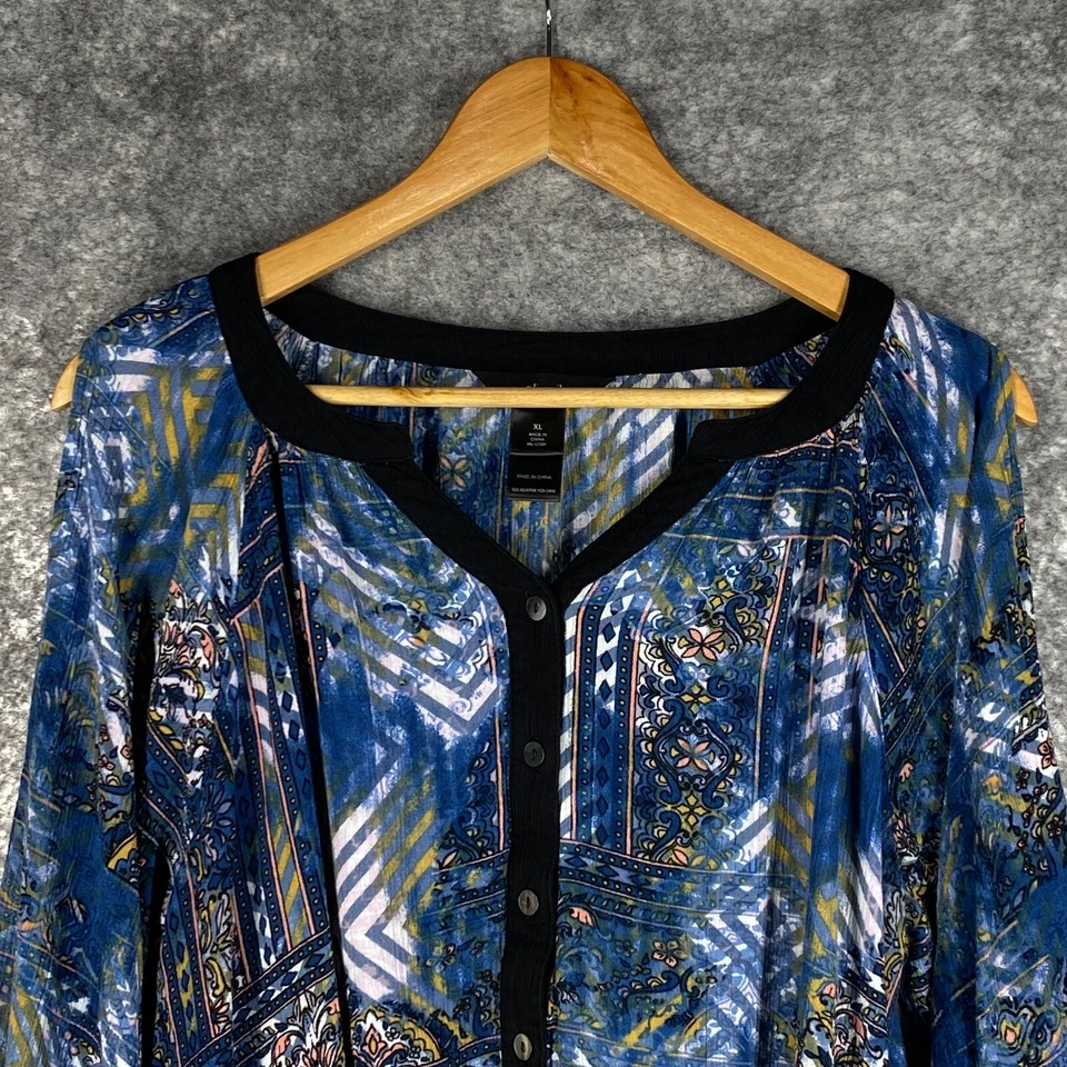 Ali Miles Shirt Women XL Blue Art to Wear Chevron Geometric Cold Shoulder Tunic - Image 1 of 4