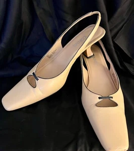 CONNIE Women Tan Leather Square Tip Slingback Spool Heel Slip-On Shoes Career - Picture 1 of 11
