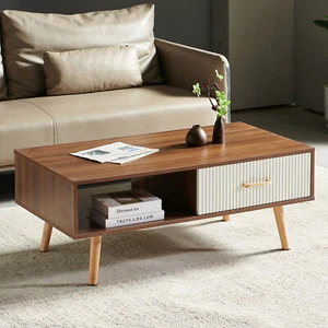 Rectangle Coffee Table Solid Wood Legs Sliding Drawer Storage Modern Table Livin - Picture 1 of 15