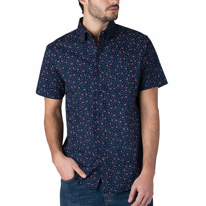 Mens L Button-Down LEE Untucked short sleeve cotton-stretch Navy Shirt