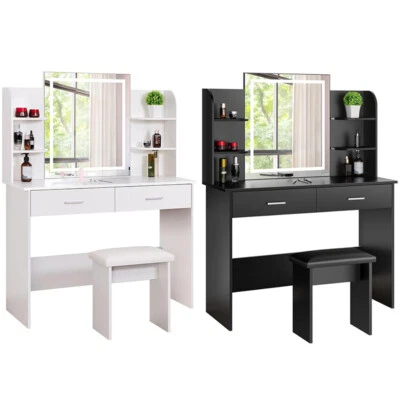 Vanity Table Set Makeup Dressing Table w/ 3-Color Lighted Mirror Cushioned Stool - Image 1 of 4