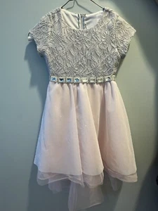 Girl's Grey/Pink Formal Party High Low Shimmering Mesh Dress Size 8 ~ Preowned - Picture 1 of 9