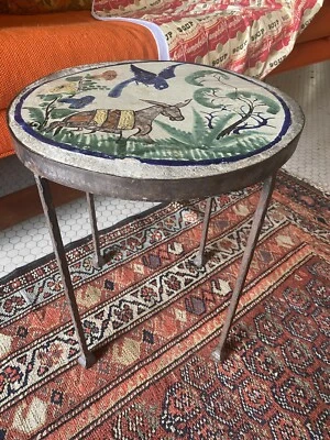 Antique Mexican Scenic Pottery 13” Tile Table Hand Wrought Iron Base Talavera? - Image 1 of 4