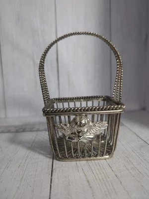 Cesta de baratija decorativa vintage de metal plateado querubín Foto 1 de 4