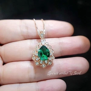 Lily Flower Emerald Necklace - 18KRGP & Sterling Silver - 3 CT Green Emerald - Picture 1 of 8