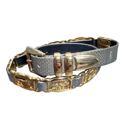 Cinturón Vintage Tono Dorado Vinculado Acento Cuero Gris Western Ecléctico Estilo Retro Foto 1 de 4