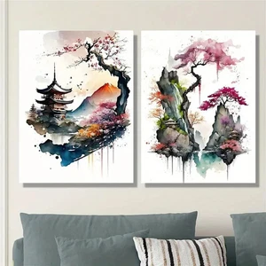 Lienzo de arte de pared de montaña y flor de cerezo de inspiración japonesa 2 piezas sin marco - Imagen 1 de 6
