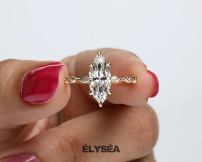 Anillo de diamantes cultivados en laboratorio con certificación IGI de corte marquesa de 2,00 TCW de oro amarillo sólido de 14 k Foto 1 de 4