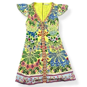 Alice + Olivia Hadley Yellow Blue Pink Floral V-Neck Short Sleeve Sun Dress 2 - Picture 1 of 11
