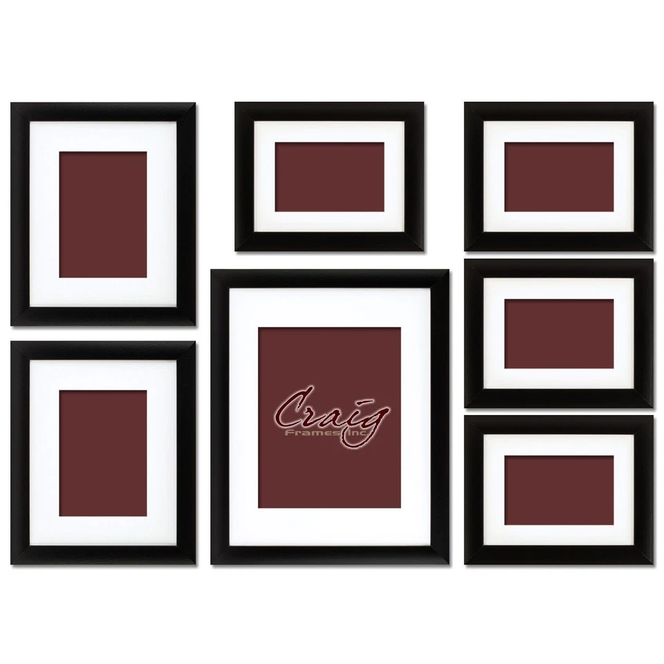 Craig Frames 1WB3BK Picture Frame 7-Piece Wall Set Black Frames White Display Mats