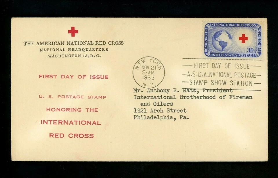 US FDC #1016 American Red Cross M-1 1952 NY International Red Cross 1st Cachet - Image 1 of 2