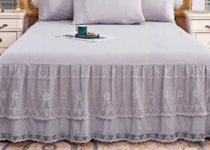 1x Bed Skirt Lace Embroidery Ruffle Ruch Bedspread Valance Sheet Home Decoration - Picture 1 of 18