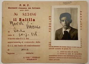 REINO DE ITALIA ASOCIACIÓN JUVENIL DE PARTIDO TARJETA CON FOTO A.XVIII 1940 - Imagen 1 de 6