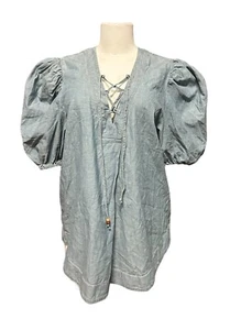 Blusa Top Lauren Ralph Lauren Para Mujer Talla Grande Azul Cambray Manga Abullonada - Imagen 1 de 5