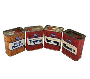 Vintage Kroger Spice Tins Lot Of 4 Nutmeg Cloves Chili Powder Thyme Red Canister - Picture 1 of 12