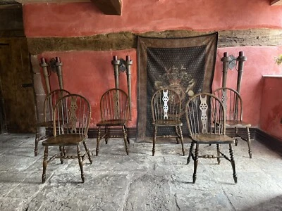 Vintage Set  6 Rustic Farmhouse Kitchen Beech Windsor Hoop Wheelback Chairs - Image 1 of 4