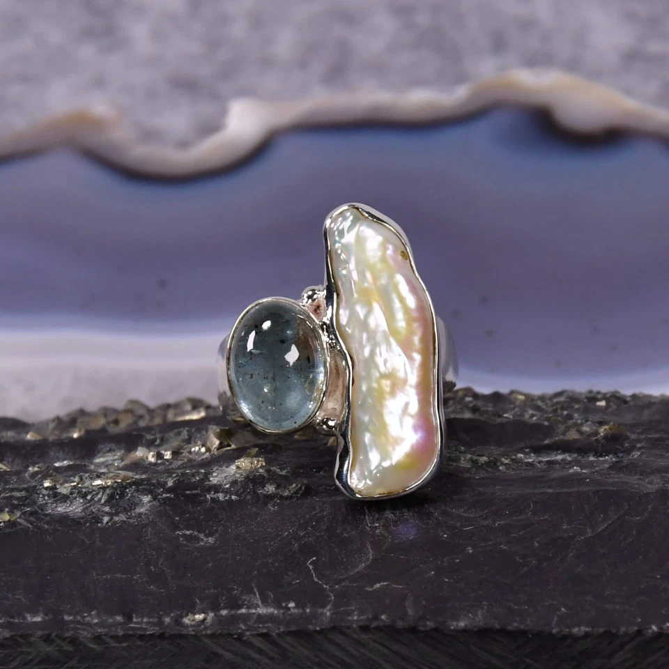 Aquamarin Ring, 925er Silber, Edelsteinring (23793), mit Biwaperle - Bild 1 von 1