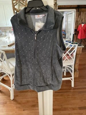 Quacker Factory Velour Zip Front Vest  Grey Sz Lg Rhinestones - Image 1 of 4