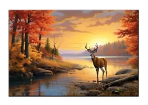 Whitetail Deer by the Lake at Sunset in Autumn Forest-Wall Decor-Fun Gift - Picture 1 of 10