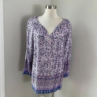 Blusa Camisa Boho Top Borla Corbata Borla Manga Larga Floral Lucky Brand Para Mujer Plus 1X Foto 1 de 4